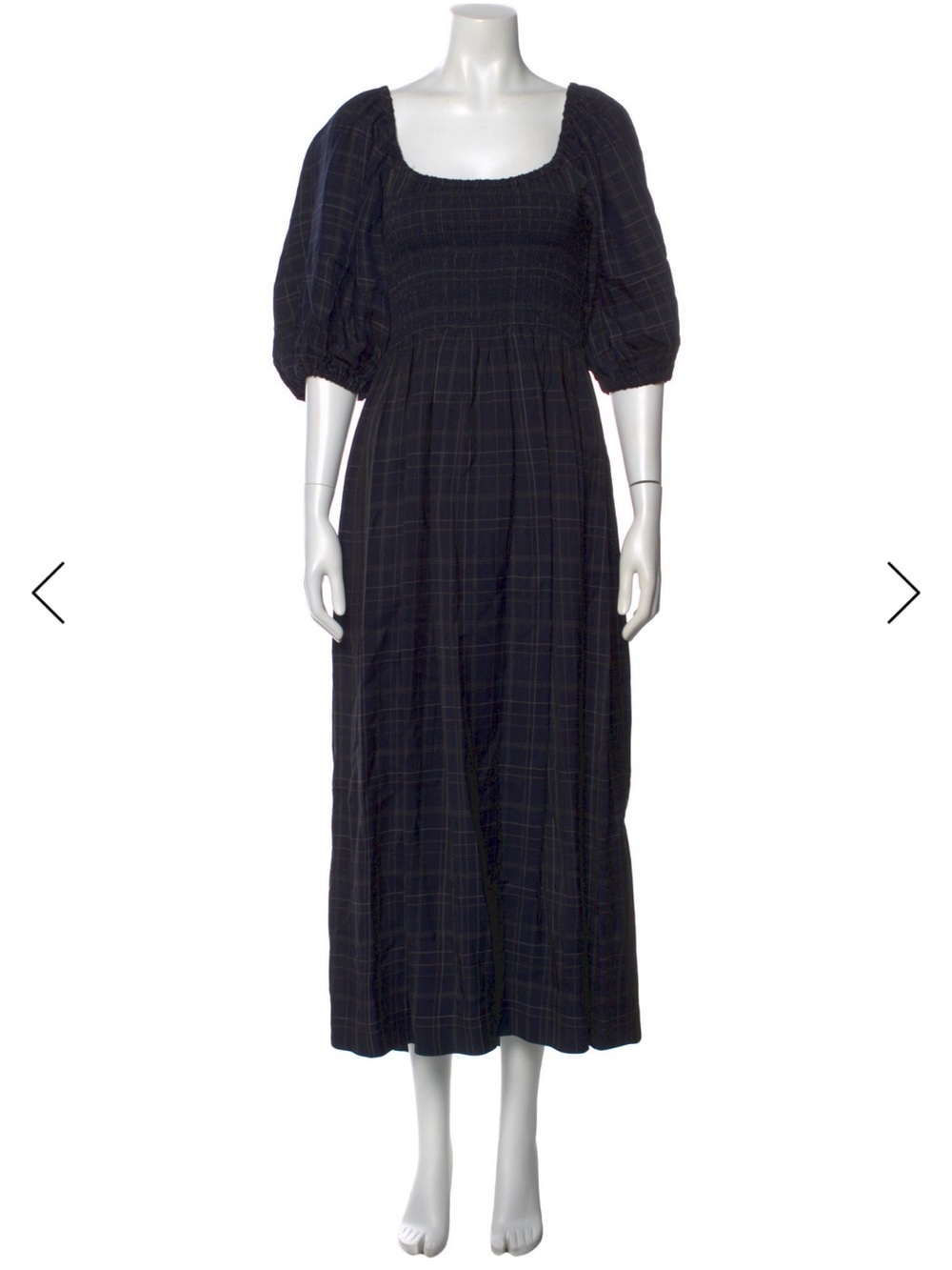 La Ligne Navy Plaid Smocked Midi Dress